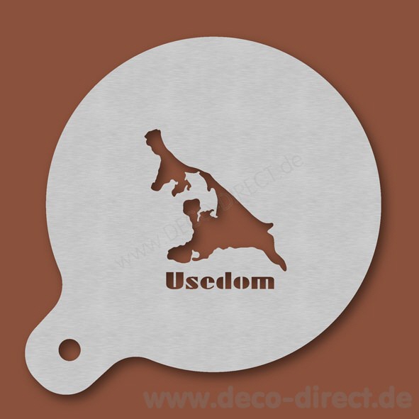 Cappuccino-Schablone Insel Usedom Text Edelstahl