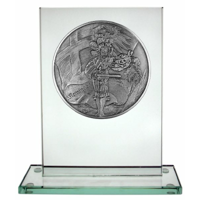 Städtemedaille "Memingen" (Memmingen Fahnenschwinger) auf Glasobjekt