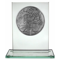 Städtemedaille "Memingen" (Memmingen Fahnenschwinger) auf Glasobjekt