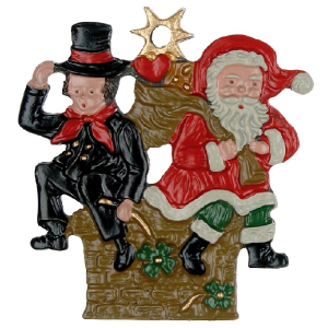 Zinnfigur Kaminkehrer und Weihnachtsmann auf Schornstein