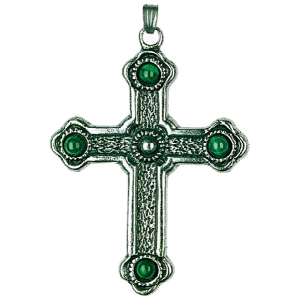 Zinnfigur Kreuz mit 4 grünen Steinen antik