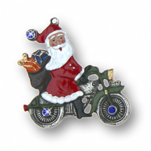 Zinnfigur Weihnachtsmann auf Motorrad mit 6 Steinen blau