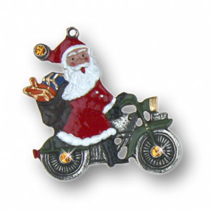 Zinnfigur Weihnachtsmann auf Motorrad mit 6 Steinen gelb