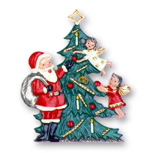 Zinnfigur Weihnachtsmann mit Engeln am Baum