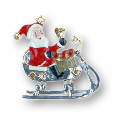 Zinnfigur Weihnachtsmann mit Glocke auf Schlitten und 12 Steinen gelb