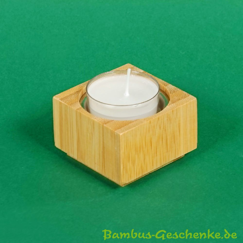 Bambus-Teelichthalter mit Kerze, ca. 5,5 x 5,5 x 4 cm, optional mit G