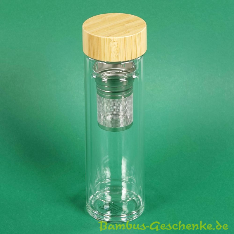 Trinkflasche aus Glas doppelwandig mit Bambus-Deckel, inklusive Tee-S