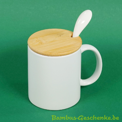 Kaffee- und Teebecher mit Bambus-Deckel und Löffel aus Porzellan