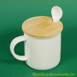 Keramik-Tasse weiß mit Bambusdeckel und Löffel