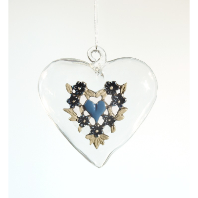 Glasherz klein mit Zinndekor Herz blau
