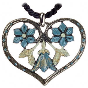 Zinn-Halsschmuck Herz mit drei Blumen blau
