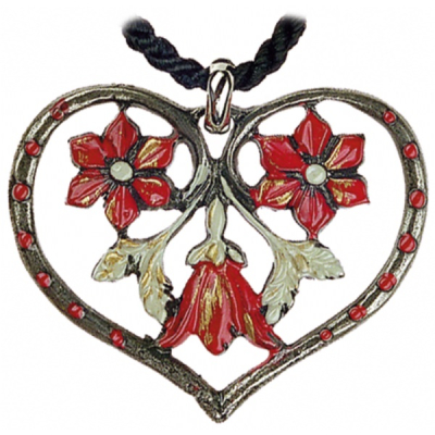 Zinn-Halsschmuck Herz mit drei Blumen rot