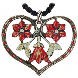 Zinn-Halsschmuck Herz mit drei Blumen rot