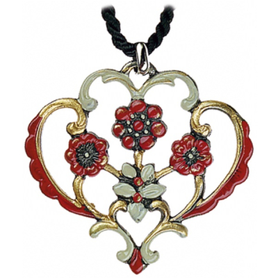 Zinn-Halsschmuck Herz mit vier Blumen rot